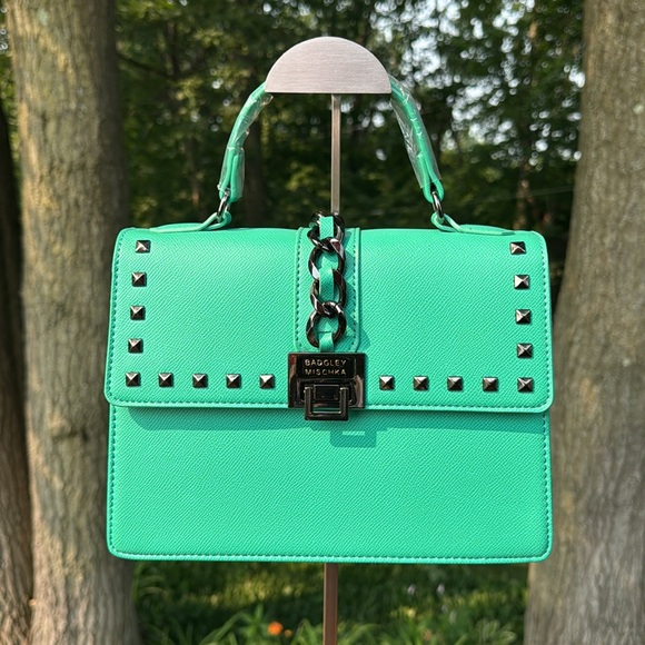 Badgley Mischka Green Satchel Handbag with Gunmetal Hardware NWT - Picture 1 of 11